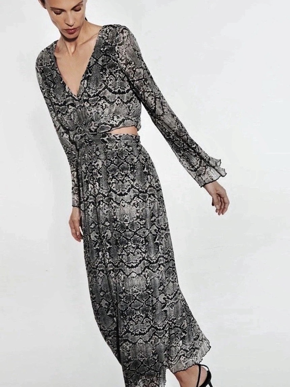 Zara Snakeskin Print Cut Out Pleated Maxi Dress